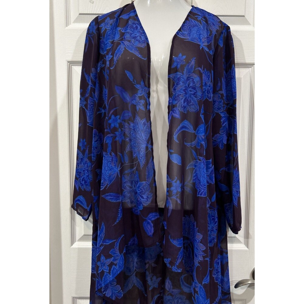 Iman Floral Print Kimono Cardigan Semi Sheer Open Front Feminine Purple Blue